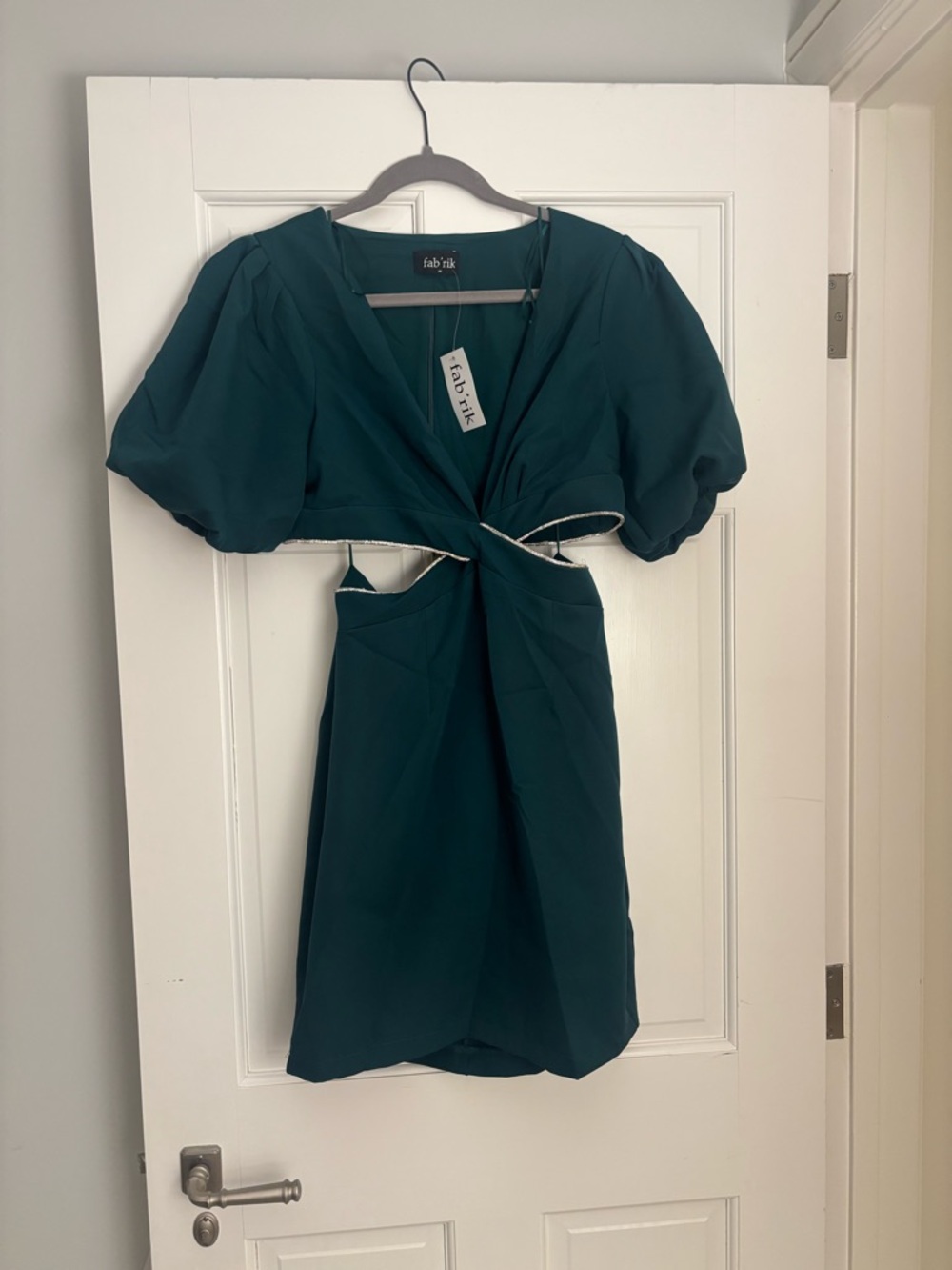 fab'rik Teal Twist Cutout Puff-Sleeve Mini Dress